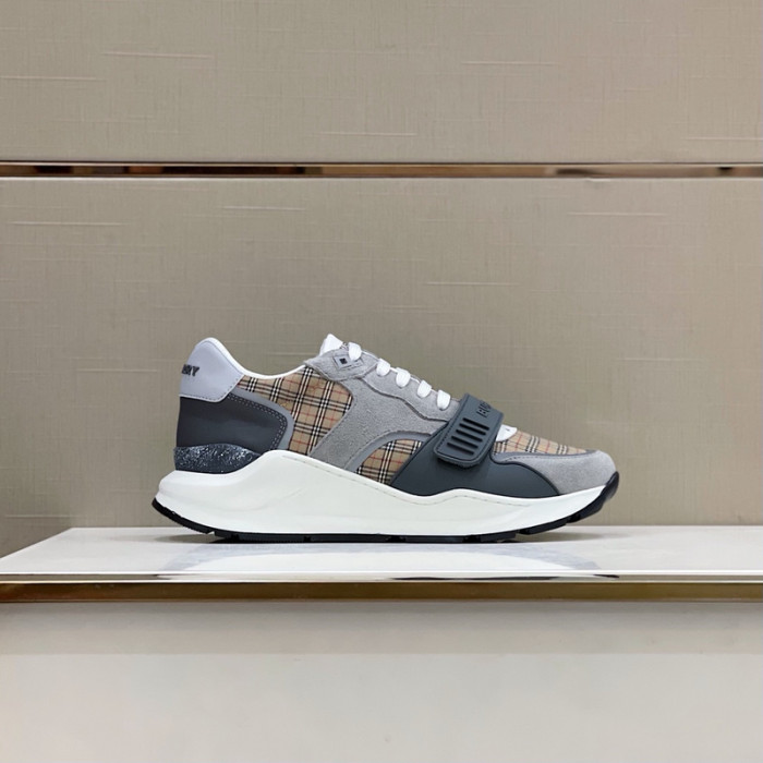 B**rry vintage check, leather and mesh sneakers